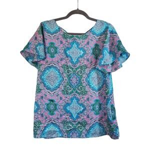 Talbots Pink Green & Blue Paisley Flutter Sleeve Criss-Cross Back Blouse Medium